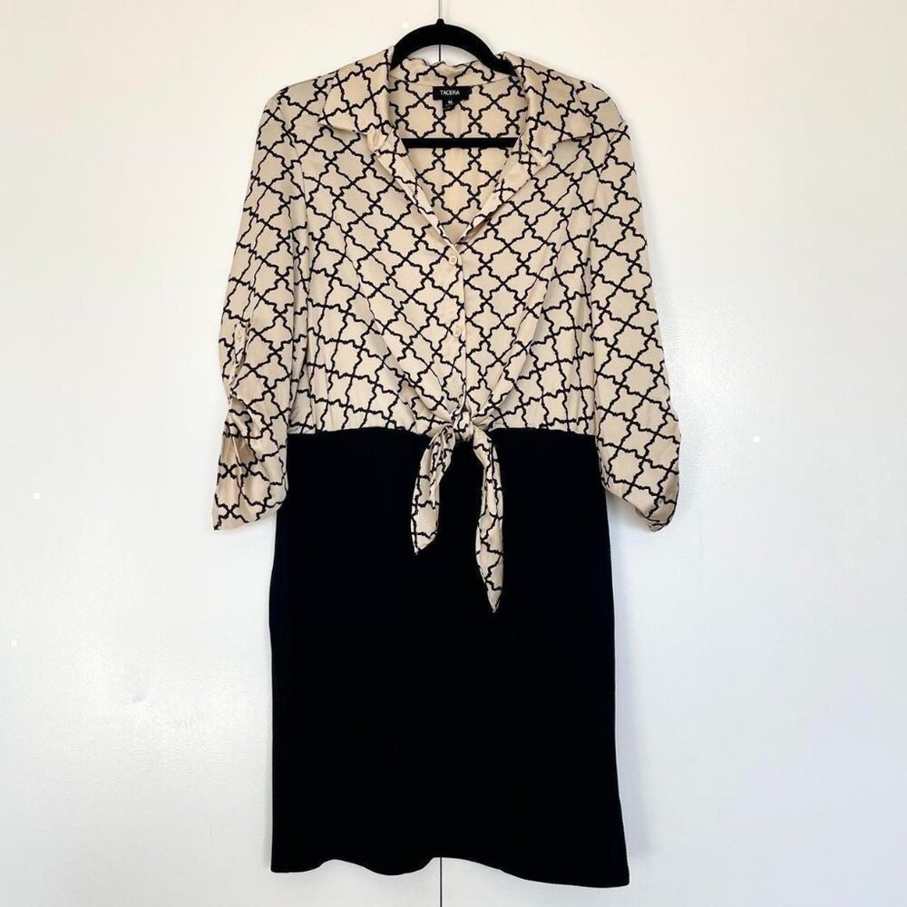 Black & cream silk satin tie geometric pattern button up pencil dress | Size M